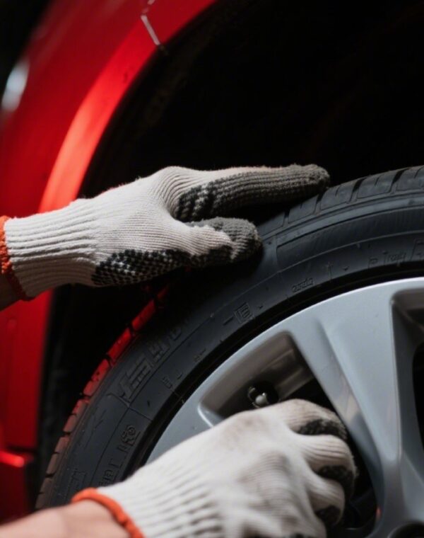 Technicians fitting a tire at RedDeer garage, hands-only image.