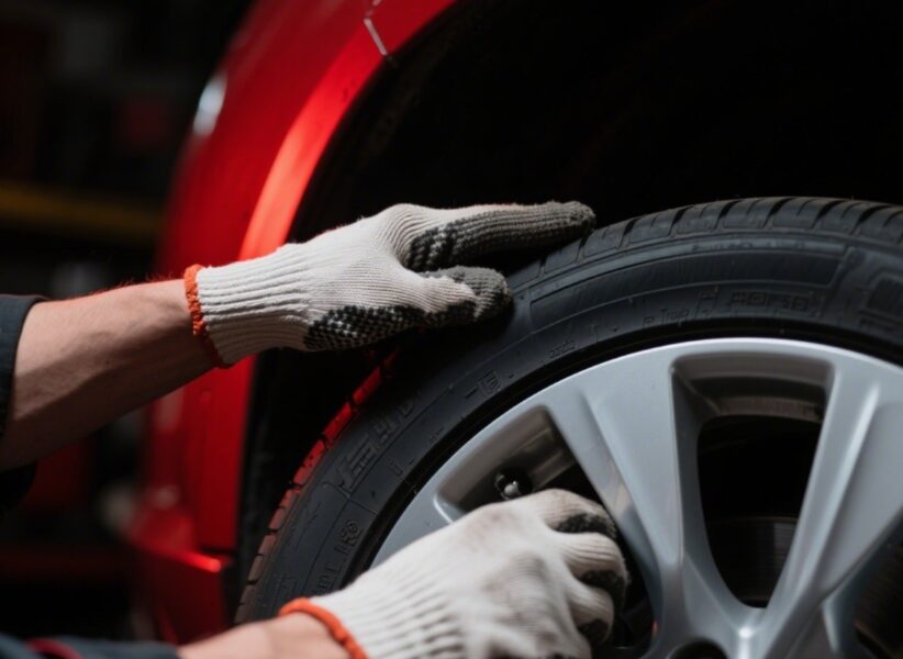 Technicians fitting a tire at RedDeer garage, hands-only image.