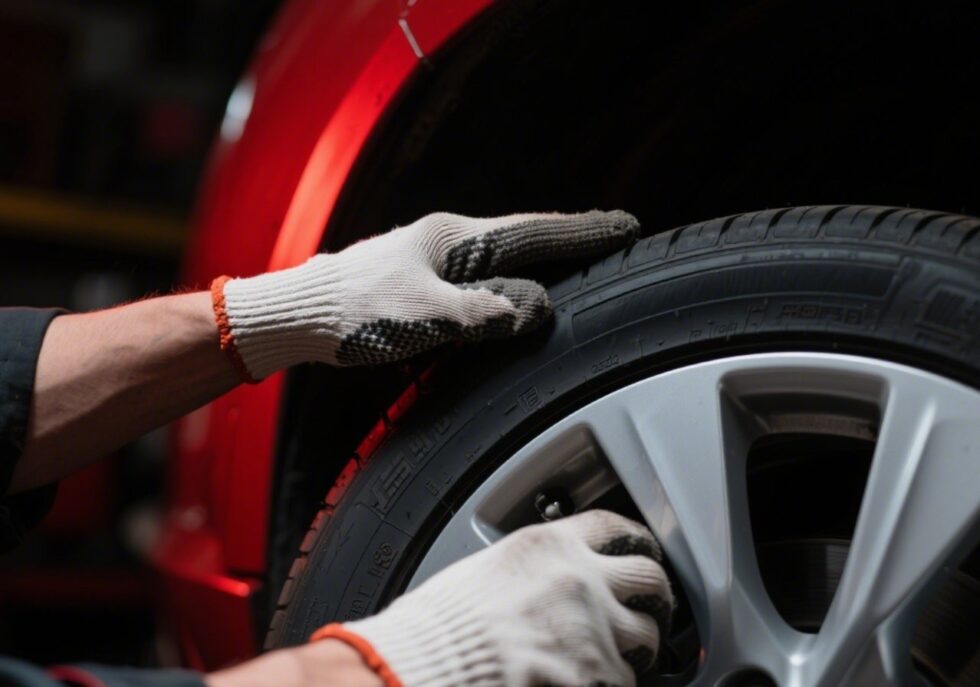 Technicians fitting a tire at RedDeer garage, hands-only image.