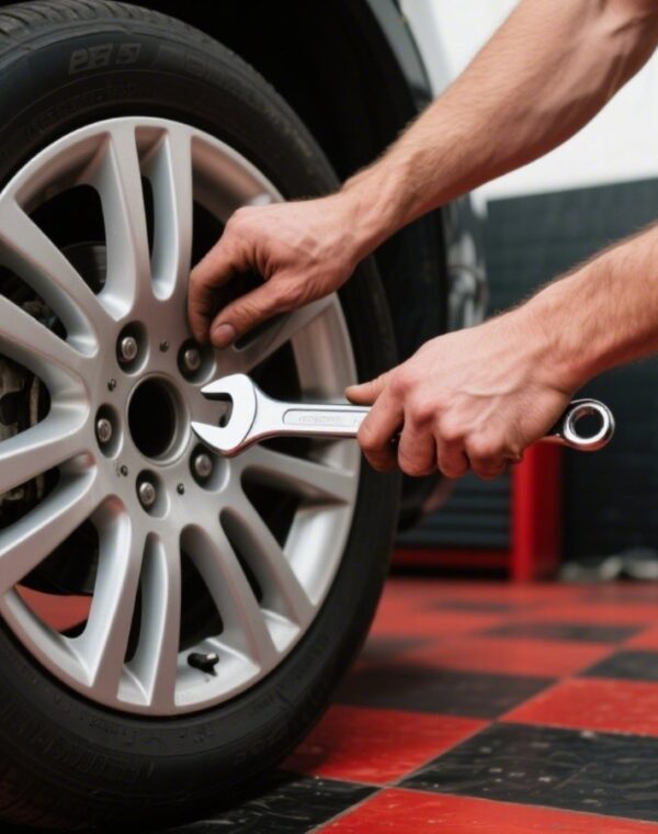 Reddeer hands fixing wheel with wrench