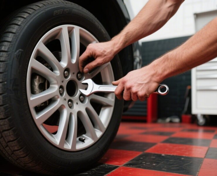 Reddeer hands fixing wheel with wrench