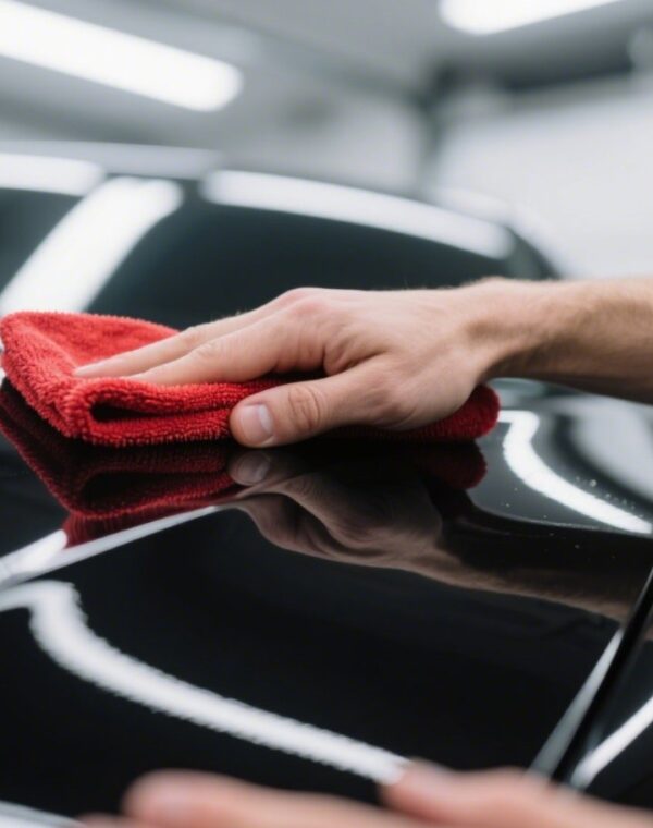 Hands cleaning car body with red cloth at Reddeer service center