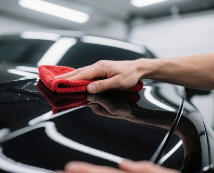 Hands cleaning car body with red cloth at Reddeer service center