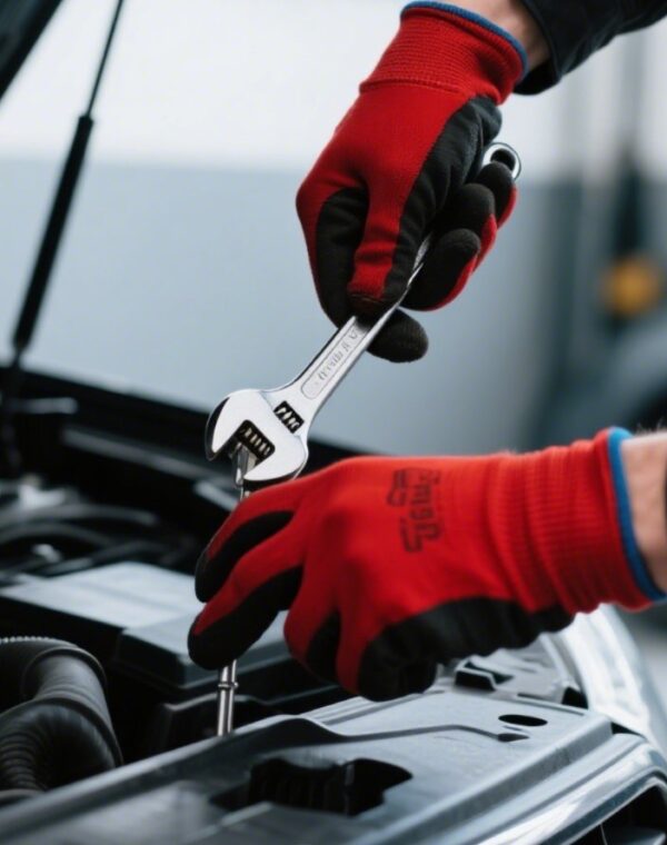 Professional hands fixing a car engine in a modern garage