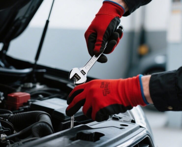 Professional hands fixing a car engine in a modern garage
