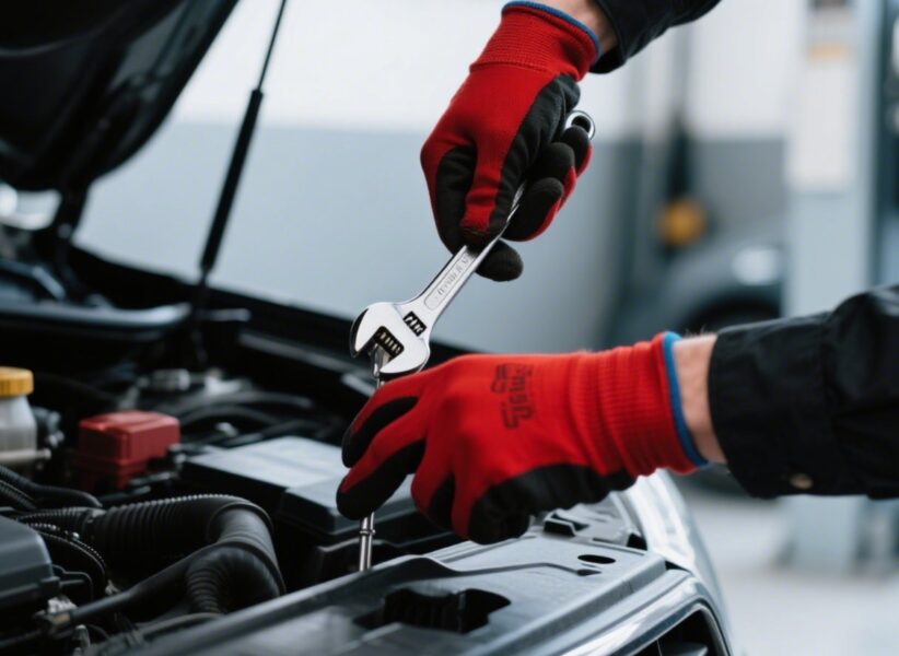 Professional hands fixing a car engine in a modern garage