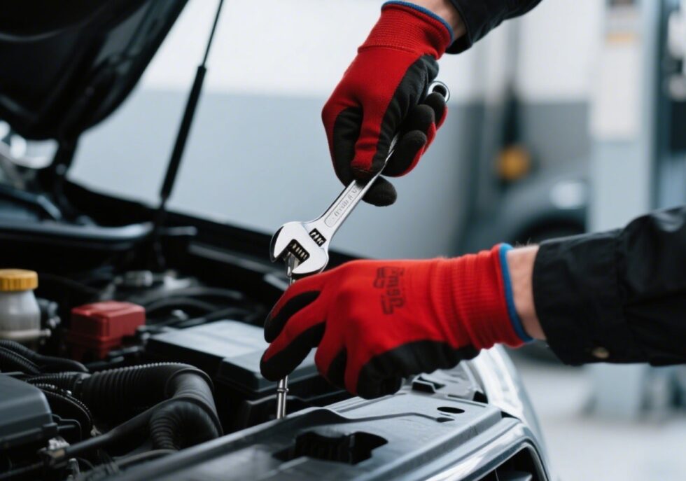 Professional hands fixing a car engine in a modern garage