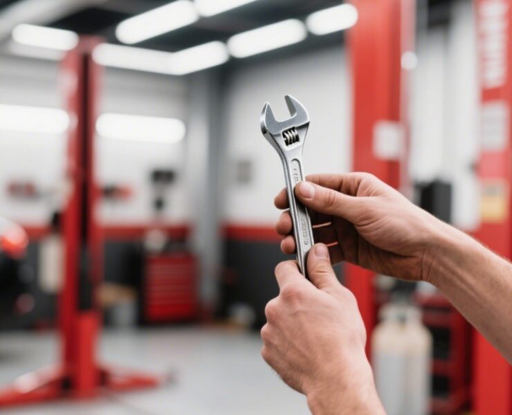 Technicians fitting a tire at RedDeer garage, hands-only image.