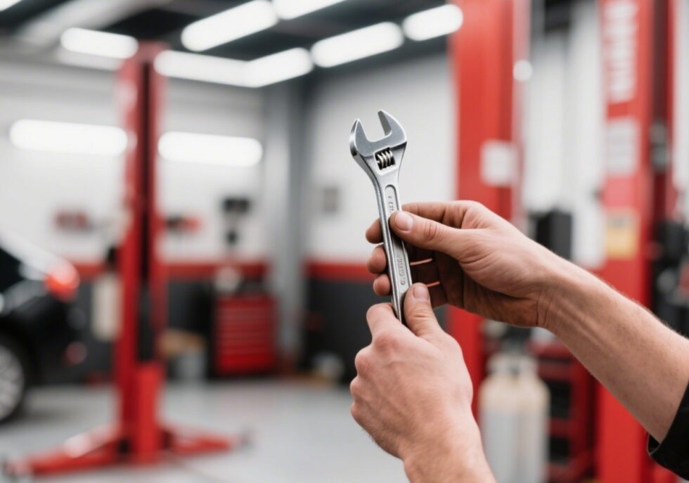 Technicians fitting a tire at RedDeer garage, hands-only image.